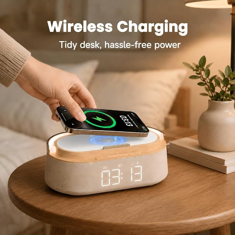 Wood Variation 6-in-1 Alarm Clock with Bluetooth Speaker, Wireless Charger, FM Radio, Night Light