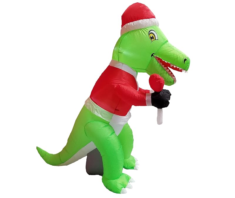 6 ft Tall Lighted Christmas Inflatable Green Dinosaur with Santa Hat