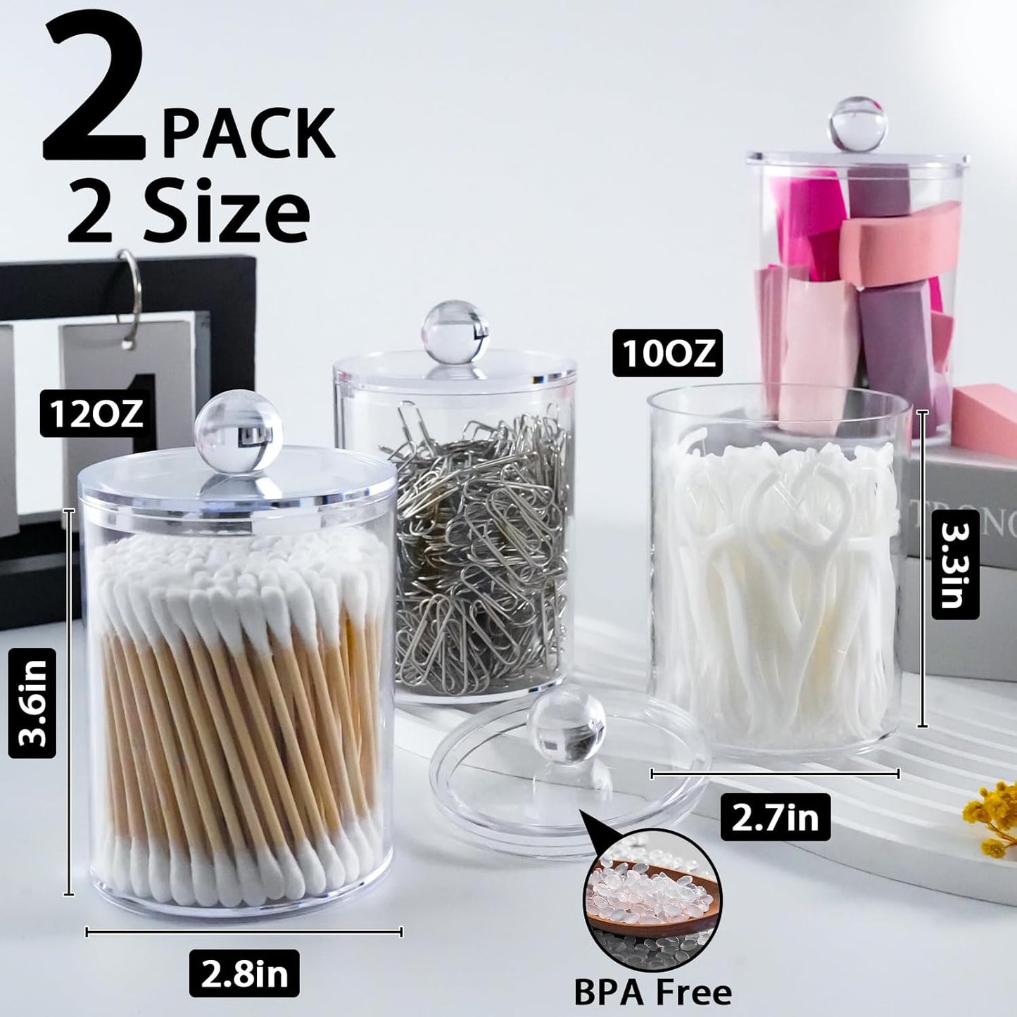 XIPENGKEJI Qtip Holder Set - 2 Pack Apothecary Jars with Lids for Bathroom Organization | Clear 10oz-12oz