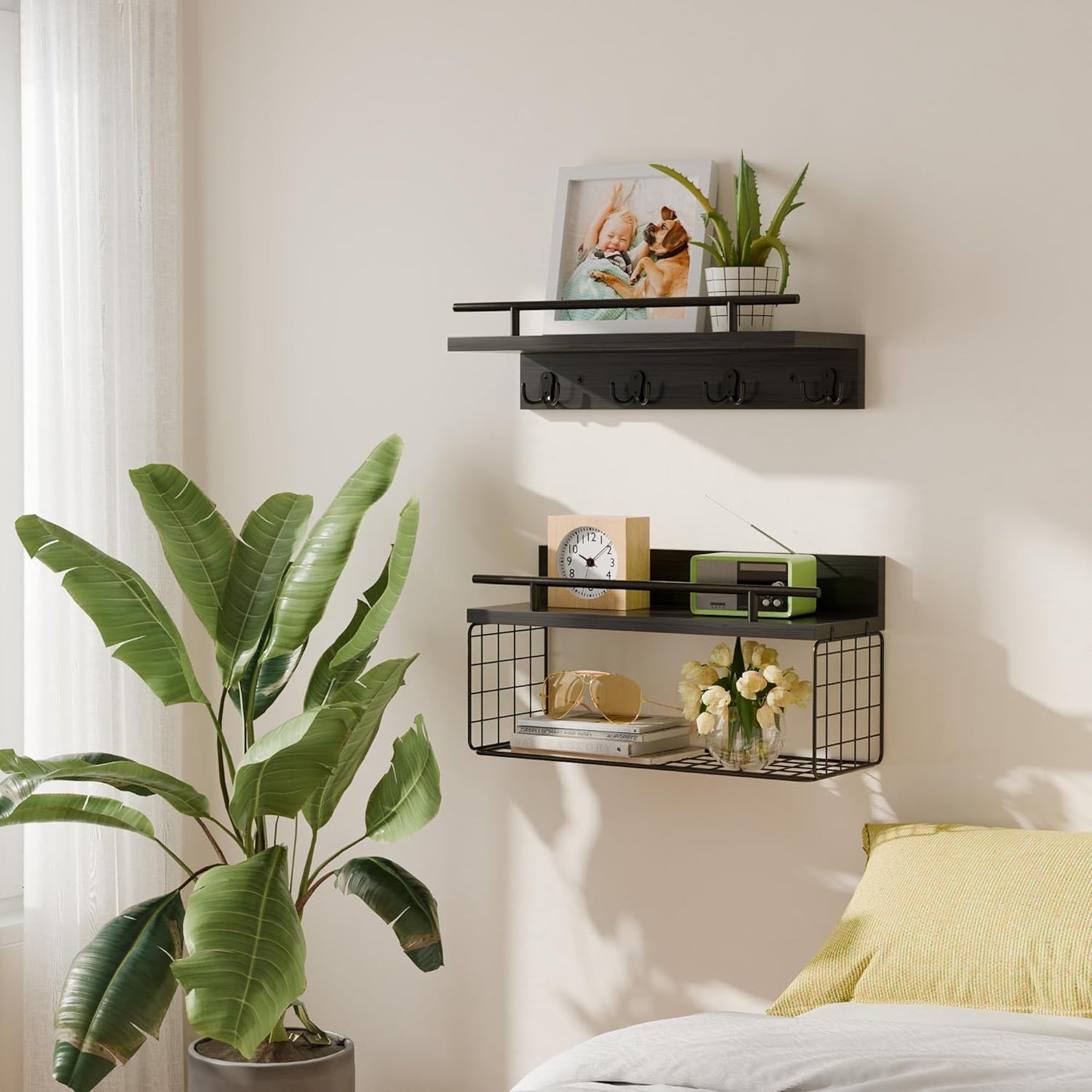 Regine Switzerland Floating Shelves - Black Bathroom Wall Shelves Over Toilet | Set of 2 with Basket & Hooks