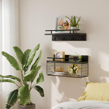 Regine Switzerland Floating Shelves - Black Bathroom Wall Shelves Over Toilet | Set of 2 with Basket & Hooks