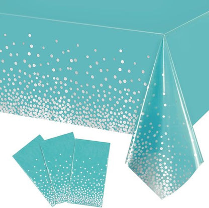 Breling Disposable Tablecloths - Teal Blue & Silver Dot Design for Parties | 54 x 108 Inch