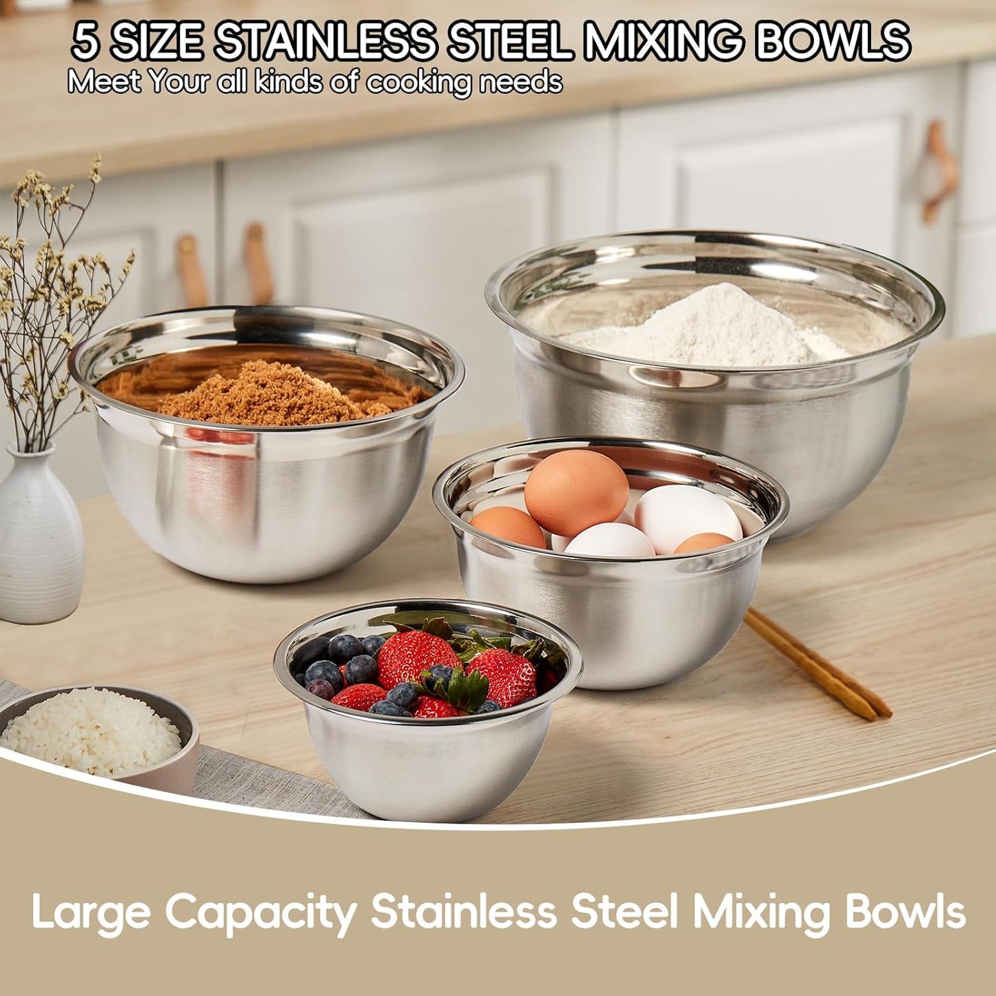WEPSEN Mixing Bowls Set - 25PCS Khaki Stainless Steel Bowls With Lids | Large 7QT to 1.5QT Sizes for Cooking & Serving