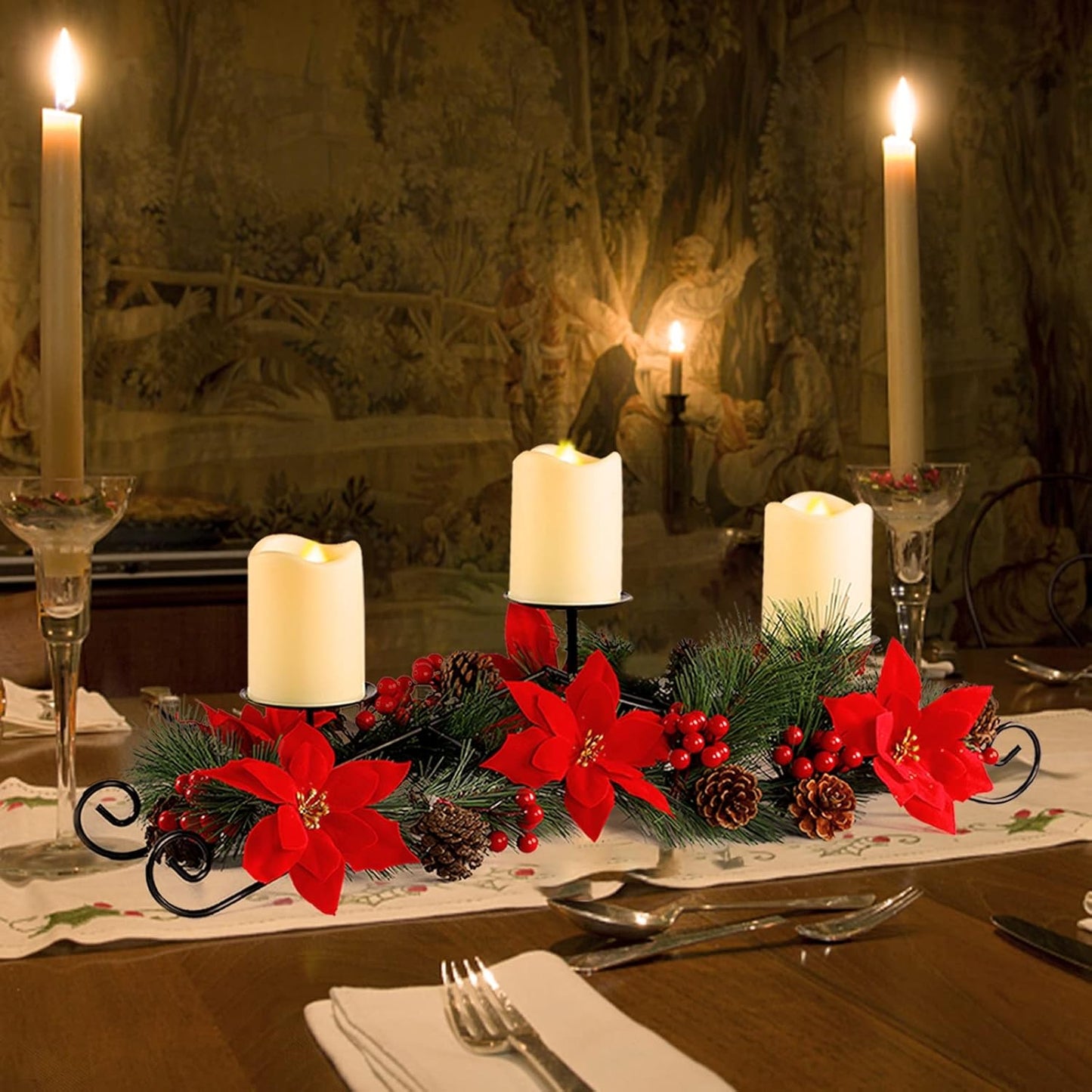 MorTime Christmas Centerpiece - 3 Candle Holders with Red Flowers & Pinecones | Festive Table Decor