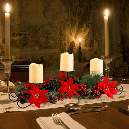 MorTime Christmas Centerpiece - 3 Candle Holders with Red Flowers & Pinecones | Festive Table Decor