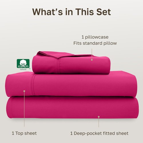 California Design Den Twin XL Cotton Sheet Set - 100% Long Staple Cotton, 400 Thread Count, Silky Sateen - Hot Pink