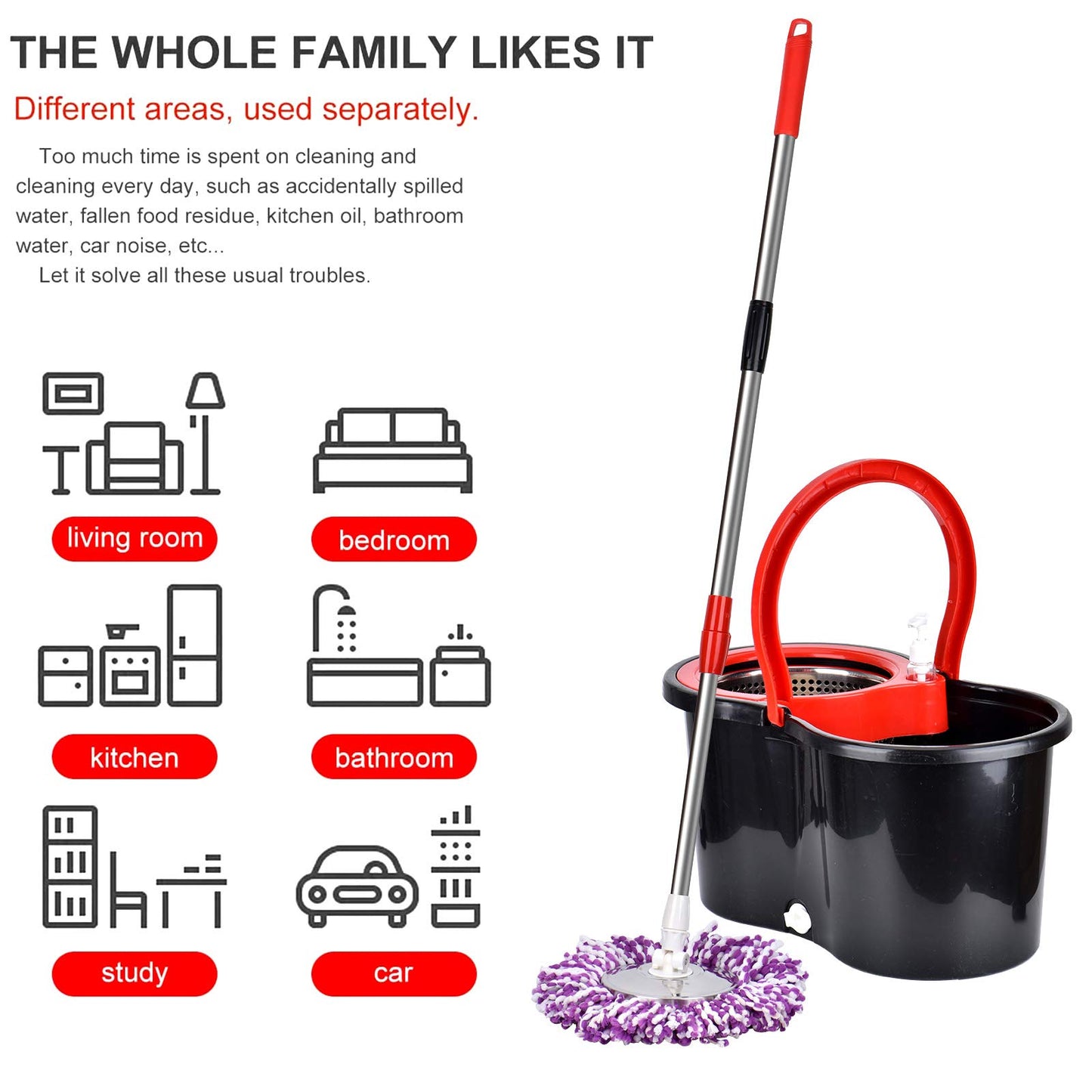 Mop and Bucket Set, 360° Spin Mop and Bucket with Wringer Set and 3 Microfiber Mop Refills, Stainless Steel 61" Extended Handle Spinning Mop Bucket System for Floor Cleaning
