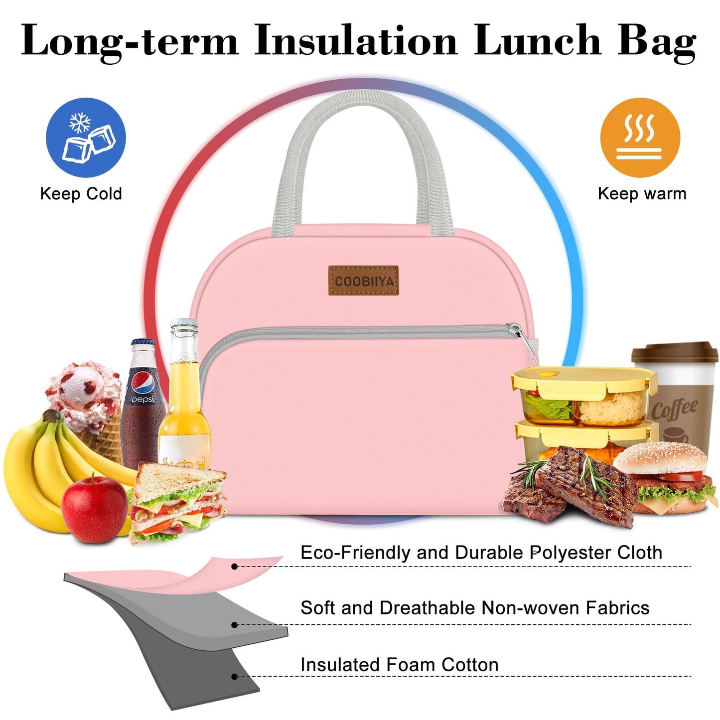 Coobiiya Lunch Bag for Women Men, Insulated Reusable Picnic Bag, 10.8"L x 6.3"W x 8.85"H, Pink