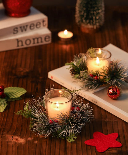 Regine Switzerland Christmas Candle Ring Set - 4 Pcs Votive Candles with Red Berry & Pinecone | Holiday Table Centerpiece Decor