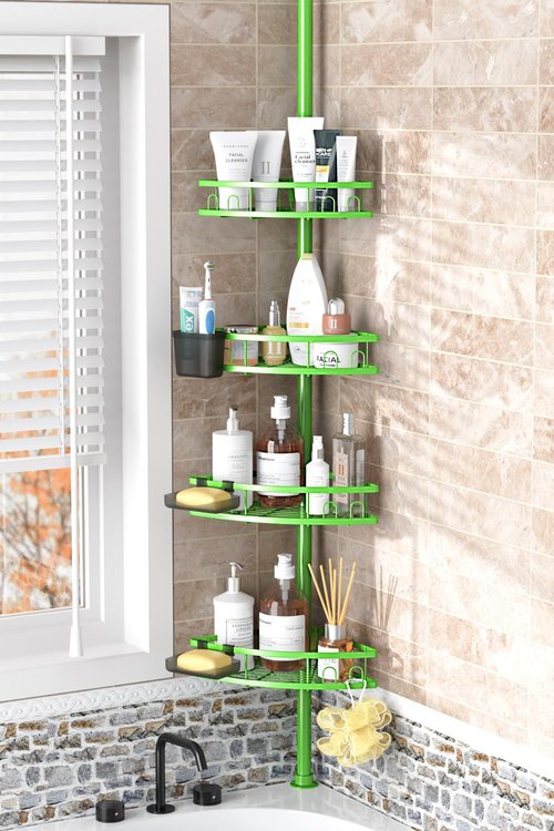 Foukus Tension Pole Shower Caddy Corner: Adjustable 4tier Bathroom Organizer Shelves - Rustproof Bathtub Shampoo Rack 43.5-120 inch