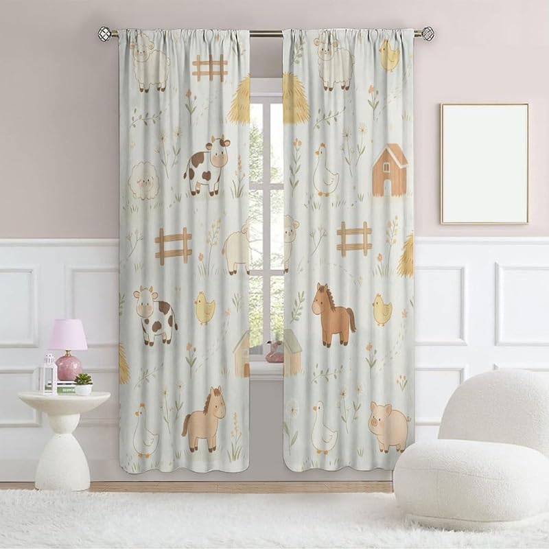 Farm Animal Kids Curtains 63W x 72L Pack of 2 - Light Filtering Nursery Drapes