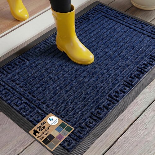 GORILLA GRIP Waterproof All-Season WeatherMAX Doormat - Stain & Fade Resistant, Easy Clean, 29x17, Navy Greek Keys