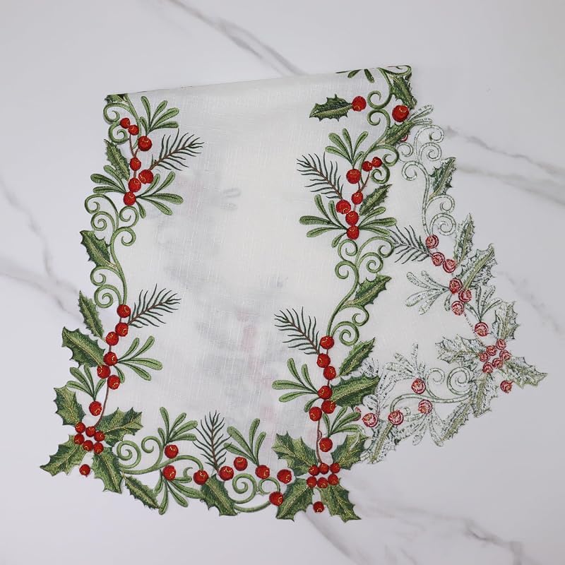 Christmas Table Runner Holly Red Berry White—13x48in, Embroidered 100% Polyester Variation: White+13x48IN