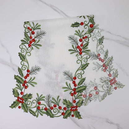 Christmas Table Runner Holly Red Berry White—13x48in, Embroidered 100% Polyester Variation: White+13x48IN