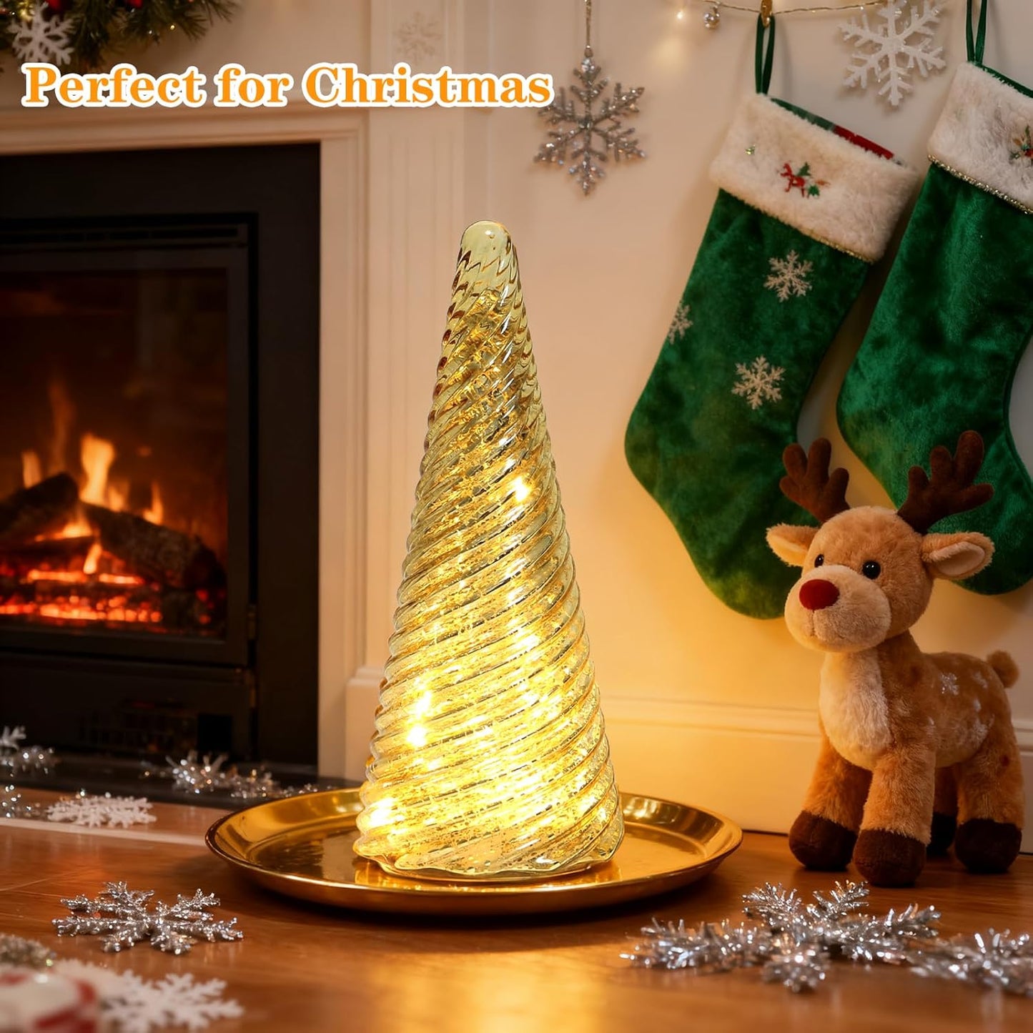 Mercury Glass Christmas Tree Decorations - LED Light Tabletop Decor for Home | Battery Operated with Timer