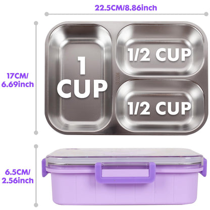 YOYTOO Stainless Steel Bento Lunch Box for Kids, 800ml/27oz BPA-Free Leak-Proof Children Food Containers with 3 Compartments, School Students Daycare Lunches/Snack Container