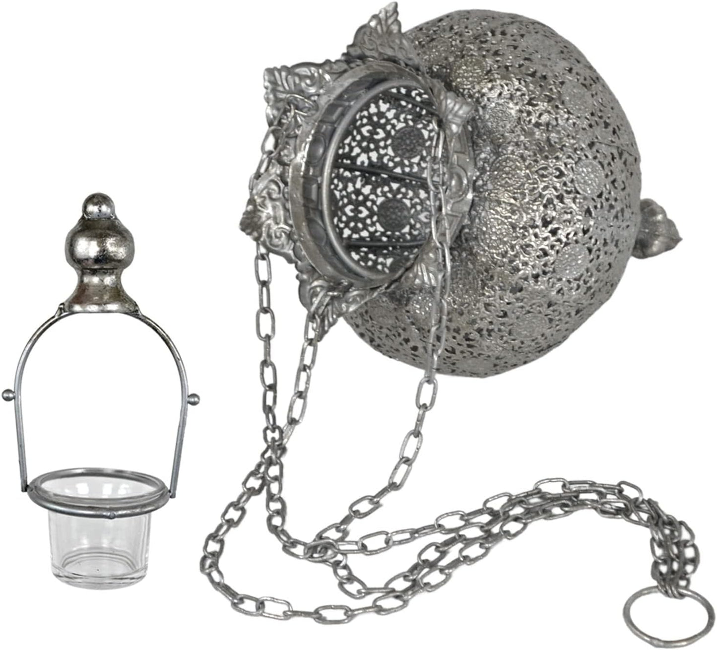 Westcharm Antique Silver Moroccan Lantern - Elegant Metal Hanging Pendant Light for Indoor/Outdoor Use - Small Size