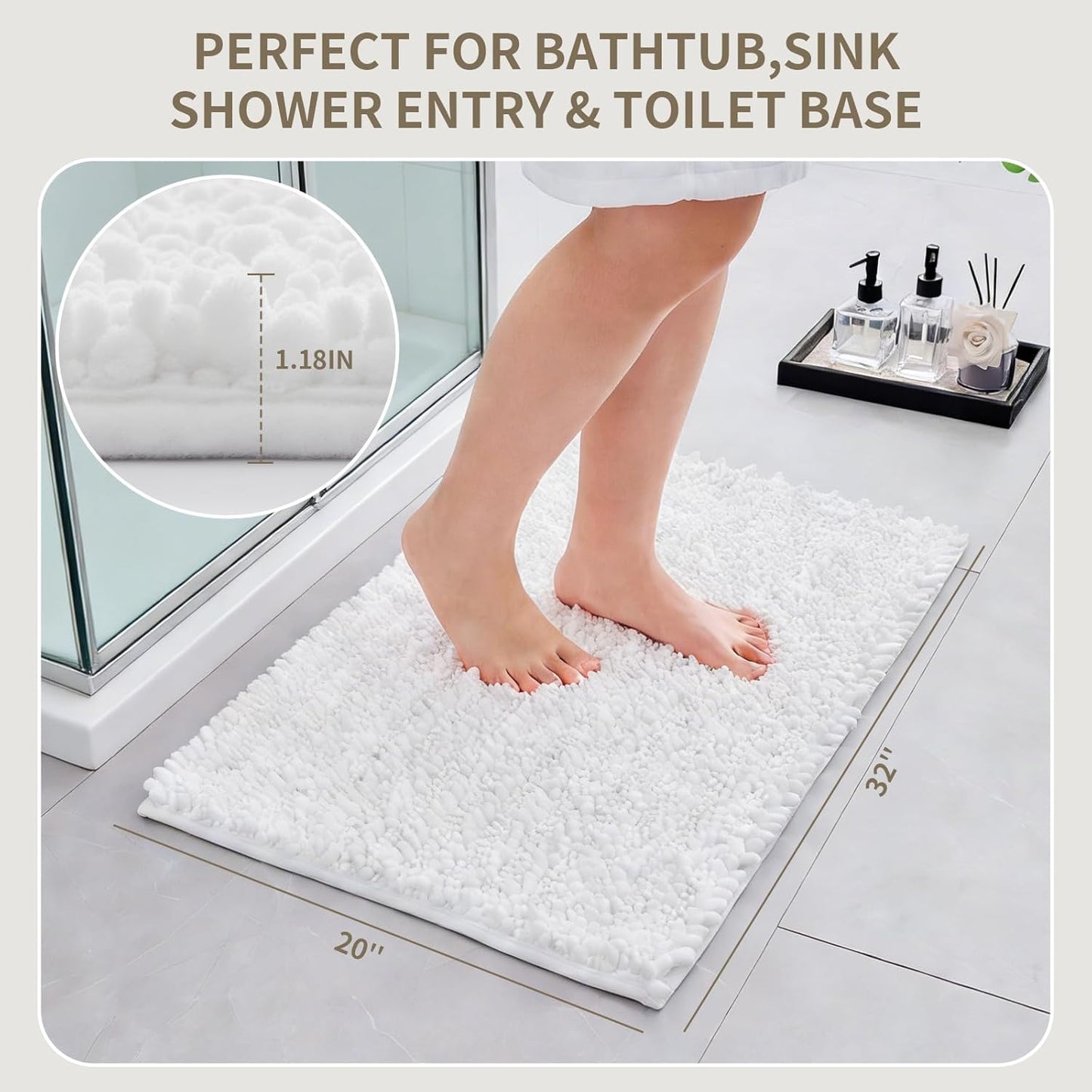 Skiennix Non-Slip Bathroom Rug - Extra Thick Soft Chenille, Quick Dry Plush Shaggy Mat | 32x20, White