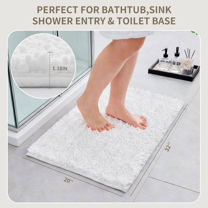 Skiennix Non-Slip Bathroom Rug - Extra Thick Soft Chenille, Quick Dry Plush Shaggy Mat | 32x20, White