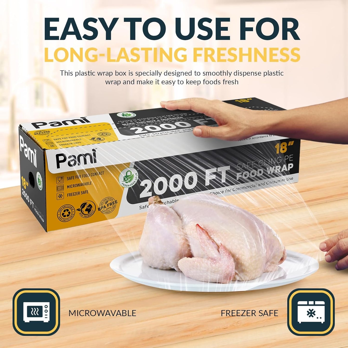 PAMI Plastic Food Wrap - 18 Inch Wide X 2000ft | Clear BPA-Free Cling Wrap with Dispenser Box