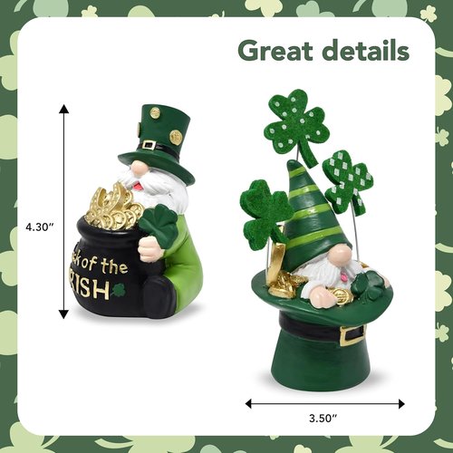 Gift Boutique St. Patrick’s Day Leprechaun Gnome Figurines - Set of 2 Irish Lucky Tabletop Decor with Gold Pot & Shamrocks