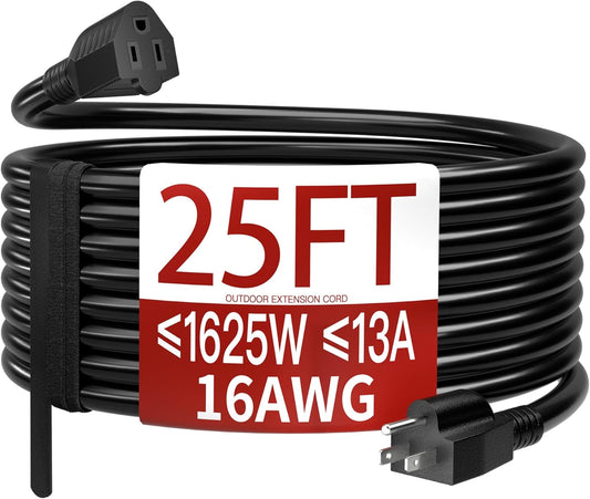 Skrizcable 25 FT Outdoor Extension Cord - Waterproof & Weatherproof Black 3 Prong Power Cord | 13 Amps, 1625 Watts