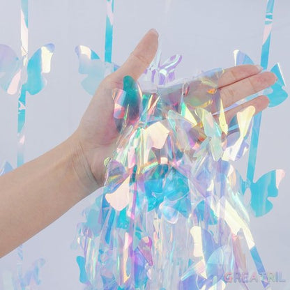 GREATRIL Iridescent Butterfly Fringe Backdrop - Fairy Streamers for Princess Birthday Decor - 3.2ft x 6.5ft | 2 Packs