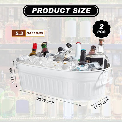 Lallisa 2 Pcs 5.3 gallons Galvanized Beverage Tub Galvanized Bucket Metal Ice and Drink Bucket with Handles Tub for Parties Farmhouse Home Pool Bar (Sliver)
