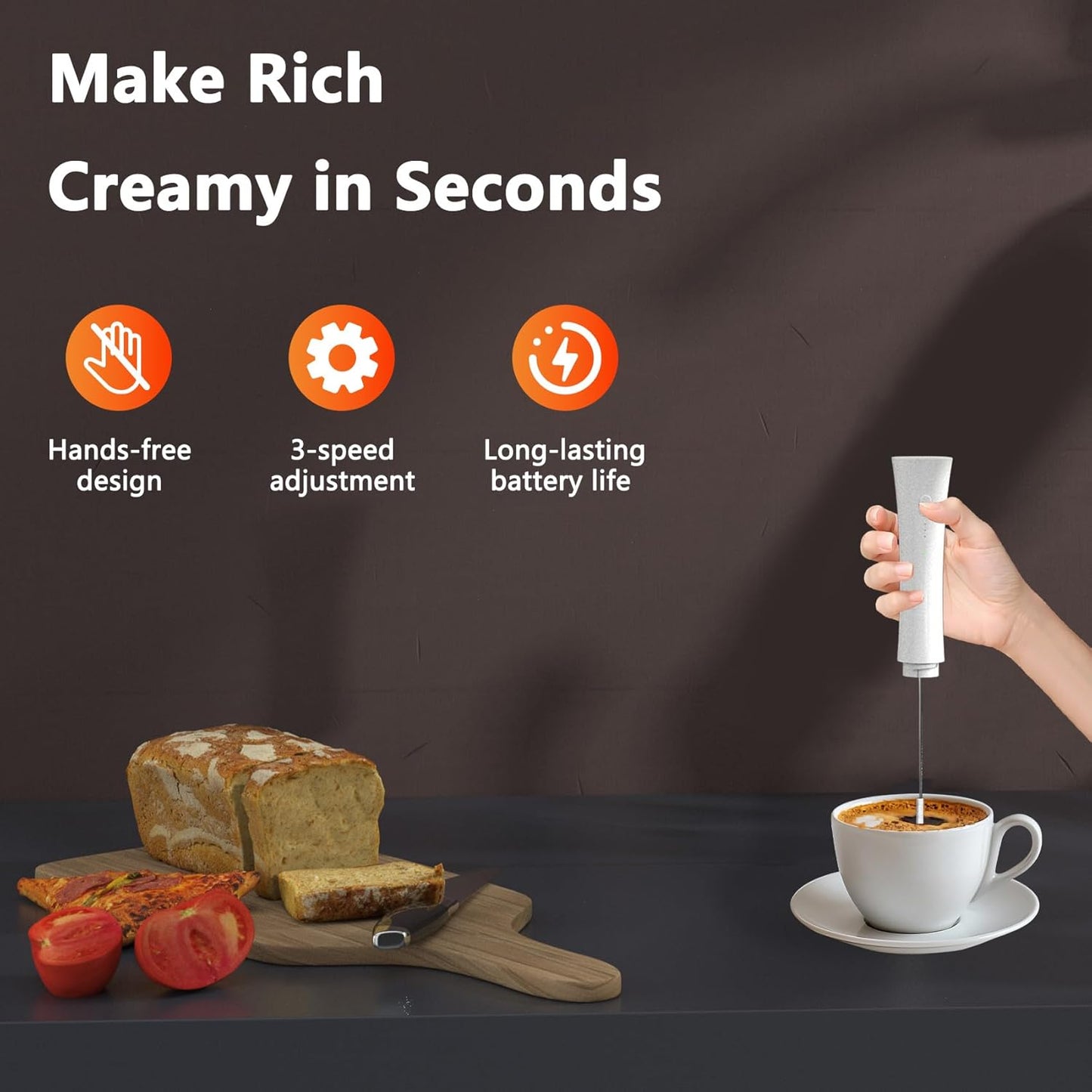 Skiennix Milk Frother Wand - 2000mAh Rechargeable Handheld Mixer for Latte, Cappuccino & Matcha | 3 Speed Adjustable