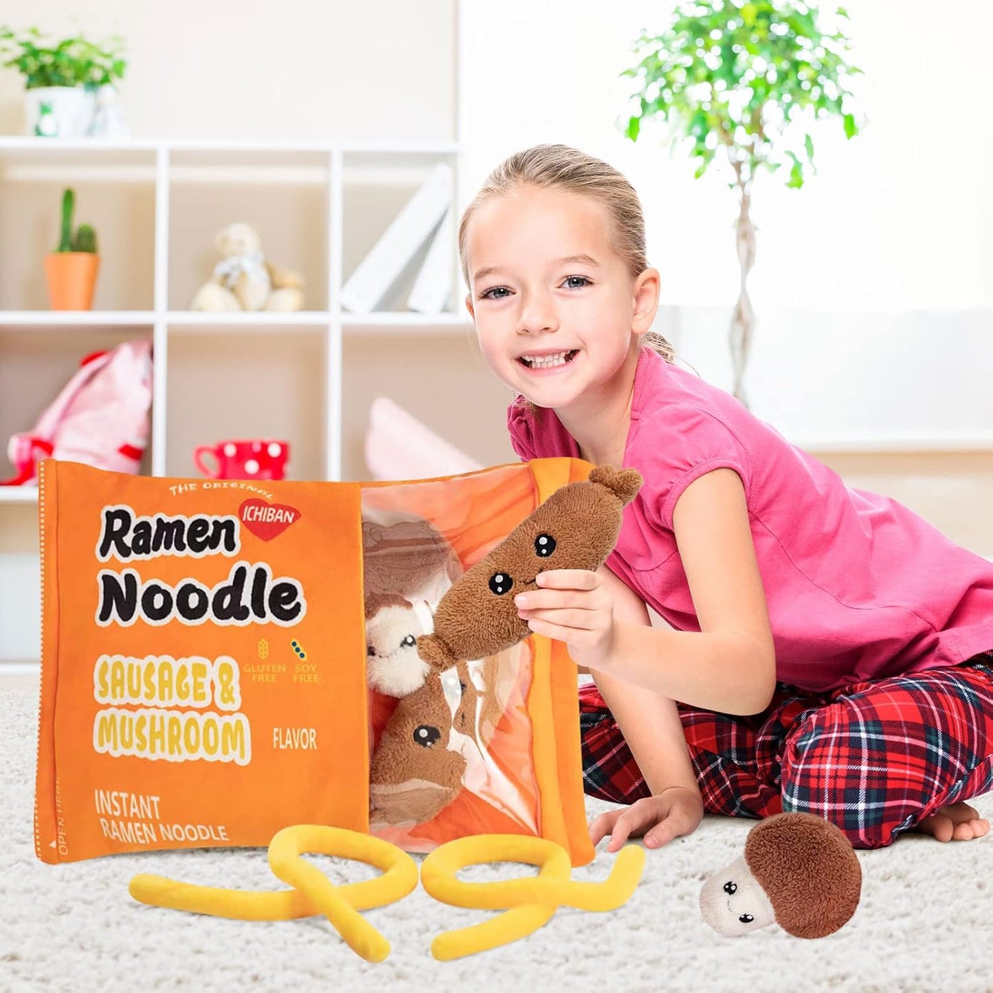 Nenalayo Plush Pillow - Cute Sausage Mushroom Ramen Noodle Plush Toy | Removable Fluffy Stuffed Doll for Kids