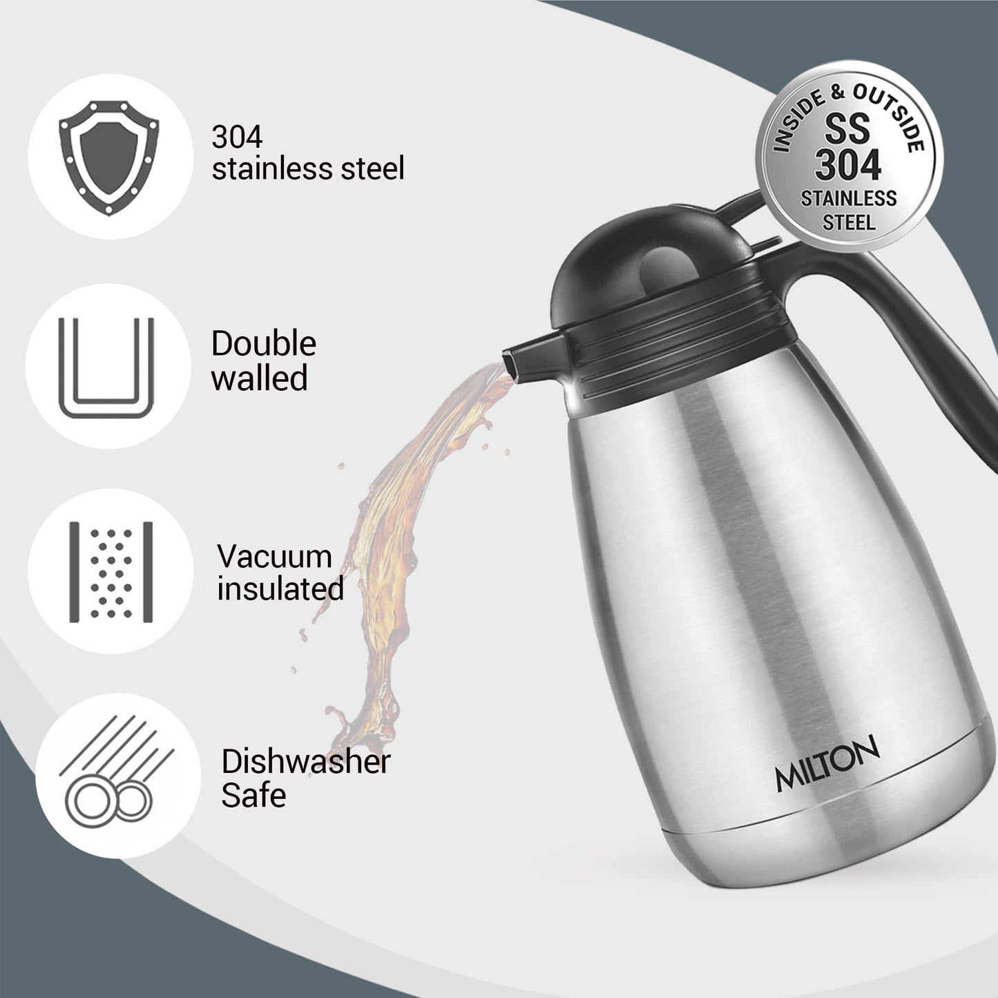 Milton Insulated Coffee Carafe (34 oz) thermos Water Coffee Dispenser, Tea Flask- Stainless Steel Hot Beverage Dispenser-Thermal Carafe Air Pot Silver (1000 ml)