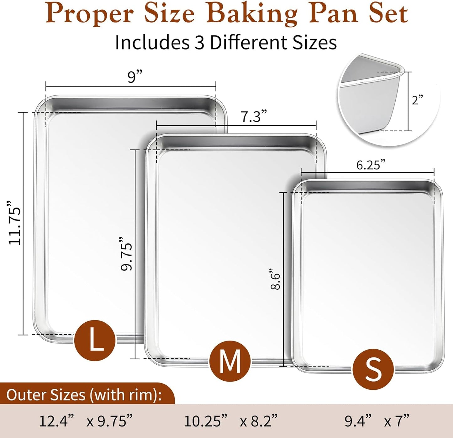 TeamFar Stainless Steel Baking Pans Set of 3 - Deep Rectangle Bakeware for Cookies & Cakes | 12.5/10.5/9.4 Inch