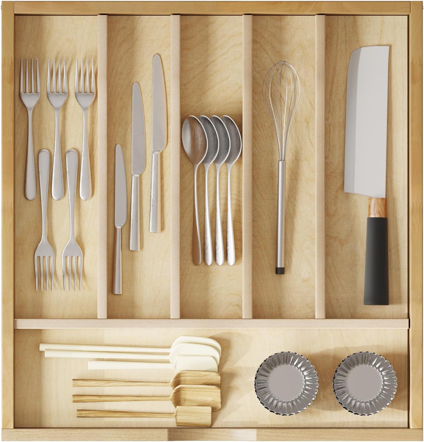 WelFurGeer Solid Birch Wood Silverware Organizer - Stylish Kitchen Utensil Tray for Cutlery & Flatware