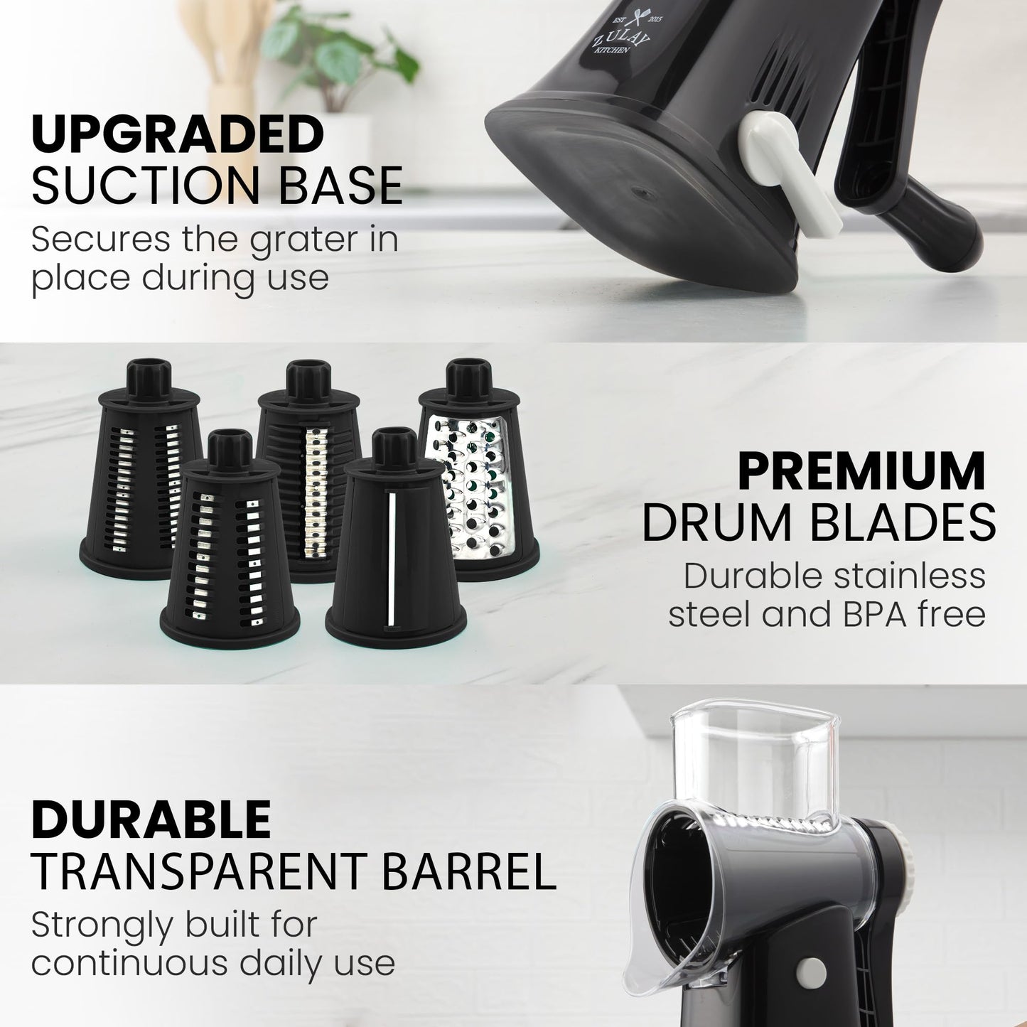 Zulay Kitchen Rotary Cheese Grater 5 Blade Cheese Shredder - Manual Hand Crank Cheese Grater With Reinforced Suction & 5 Interchangeable Drums - Easy to Use, Vegetable Chopper Round Mandoline Slicer