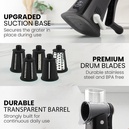 Zulay Kitchen Rotary Cheese Grater 5 Blade Cheese Shredder - Manual Hand Crank Cheese Grater With Reinforced Suction & 5 Interchangeable Drums - Easy to Use, Vegetable Chopper Round Mandoline Slicer