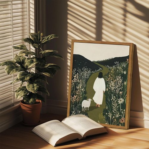 Framed Jesus Wall Art - Leaves the 99 Sheep Canvas Print | Christian Decor for Living Room, Bedroom, Church - 12x16 Inch