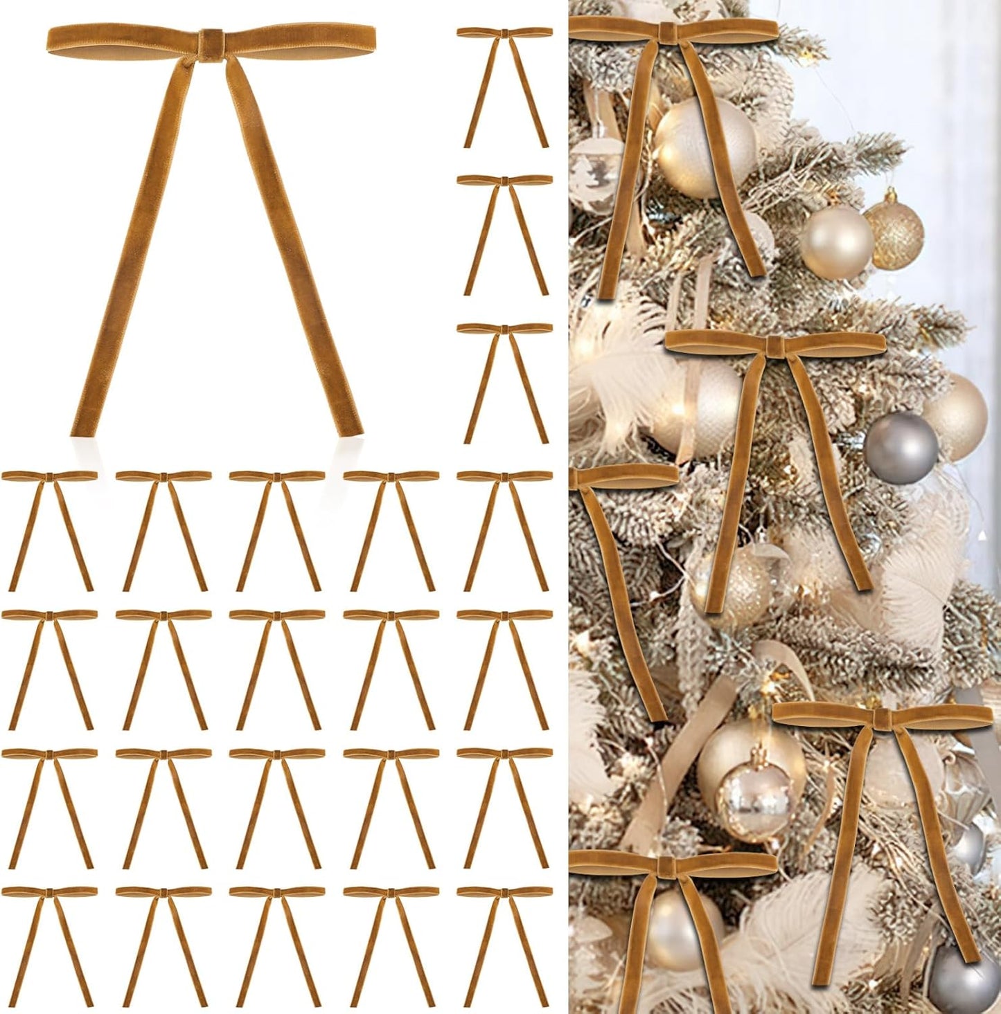 Skiennix 24 Pcs Velvet Bows - Elegant Khaki Christmas Tree Ornaments | 5”x7” Pre-Tied Holiday Décor