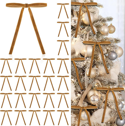Skiennix 24 Pcs Velvet Bows - Elegant Khaki Christmas Tree Ornaments | 5”x7” Pre-Tied Holiday Décor