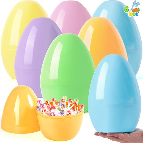JOYIN Jumbo Easter Eggs - 10" Pastel Plastic Fillable Eggs for Treats, Party Favors & Decorations (6PCS)