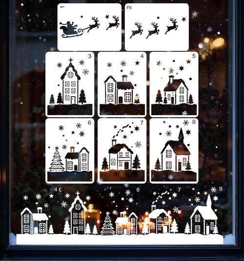 8 Pcs Large Christmas Window Stencils - Reusable Holiday Templates for Glass, Wood & Fabrics | Winter House, Reindeer & Santa Claus Designs
