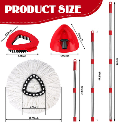 Spin Mop Replacement Set for O-Ceda EasyWring 1-Tank System, 16 Microfiber Spin Mops Refills,1 Scrubber Head,1 Triangle Spin Base,and(31-63in) Adjustable Handle Set Combo