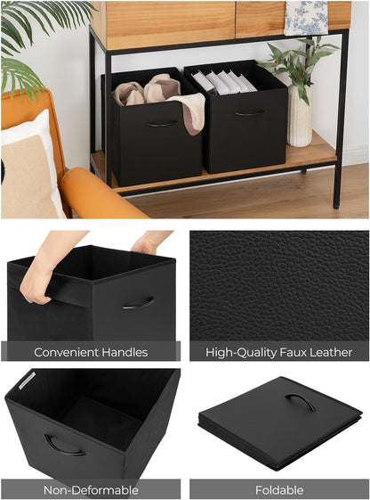 StorageWorks Black Storage Cubes - 13-Inch Leather Bins with Handle | Collapsible Organizer Baskets, 4-Pack
