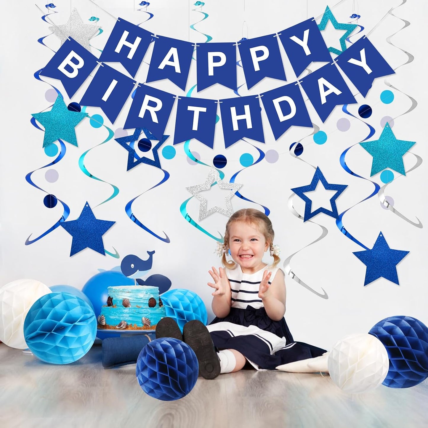 Meowtastic Birthday Decorations - Happy Birthday Banner with Honeycomb Balls & Swirl Streamers | Blue