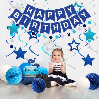 Meowtastic Birthday Decorations - Happy Birthday Banner with Honeycomb Balls & Swirl Streamers | Blue