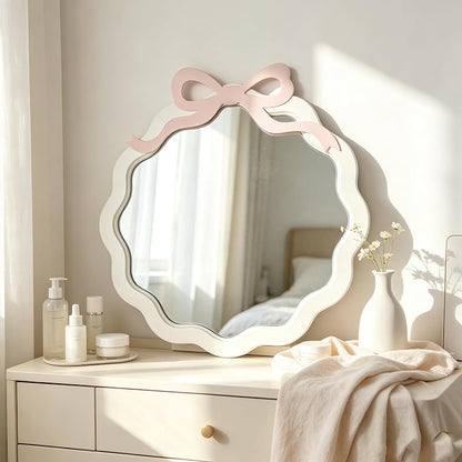 Pink Bow Wavy Wall Mirror – 21.25 Inch Kawaii Princess Bedroom Vanity
