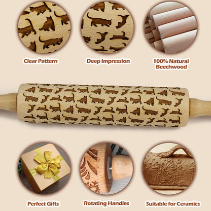 Embossed Rolling Pin for Baking Cookies Embossing Rolling Pins with Design Wooden Engraved Springerle Roller Pin Dough Animal Patterned Clay Pottery Ceramic Stamp Mold Gifts Bakers Women Kids (Cat)