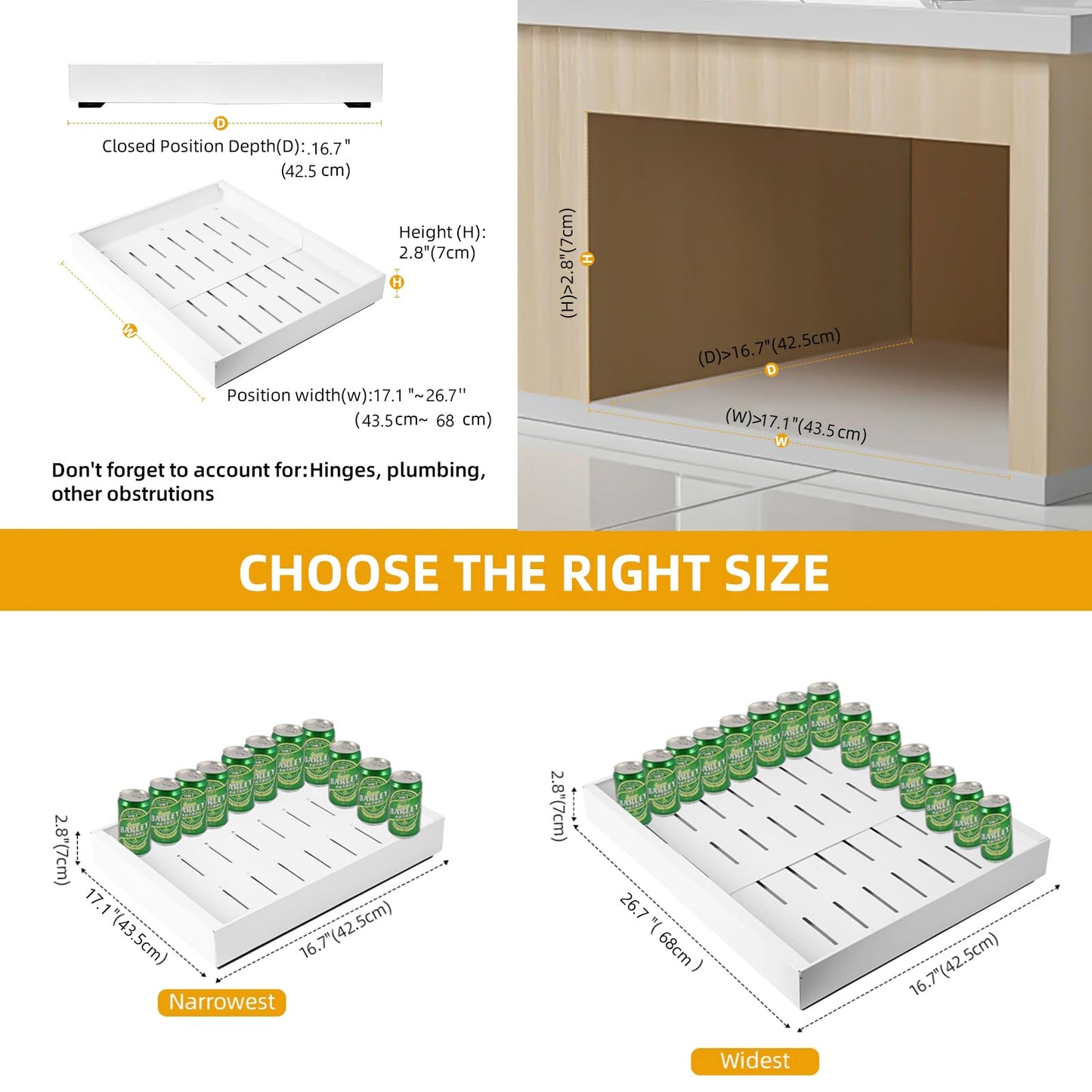 Pull out Cabinet Organizer, Expandable(17.1"-26.7") Heavy Duty Slide out Drawers Fixed with Adhesive Nano Film, Cabinet Organizer for Kitchen Base Cabinet, Pantry Bathroom Home (16.5" Deep)