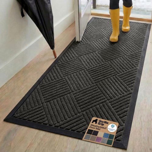 GORILLA GRIP Waterproof All-Season WeatherMAX Doormat - 72x24 Natural Rubber, Stain & Fade Resistant, Easy Clean Gray Diamond