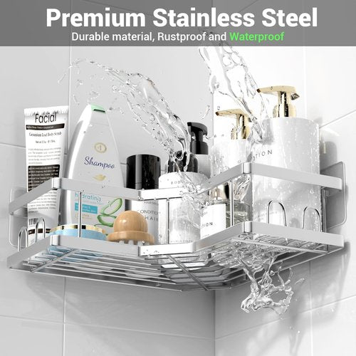 **AKTECKE Corner Shower Caddy | Adhesive Bathroom Organizer - Rustproof Stainless Steel - 3-Pack No Drilling**