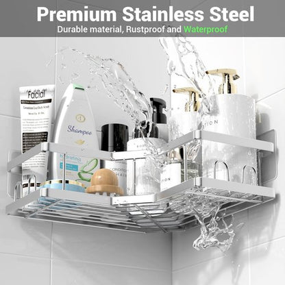 **AKTECKE Corner Shower Caddy | Adhesive Bathroom Organizer - Rustproof Stainless Steel - 3-Pack No Drilling**